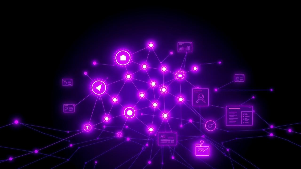 Abstract network of AI agents connected to business systems, approvals and dashboards