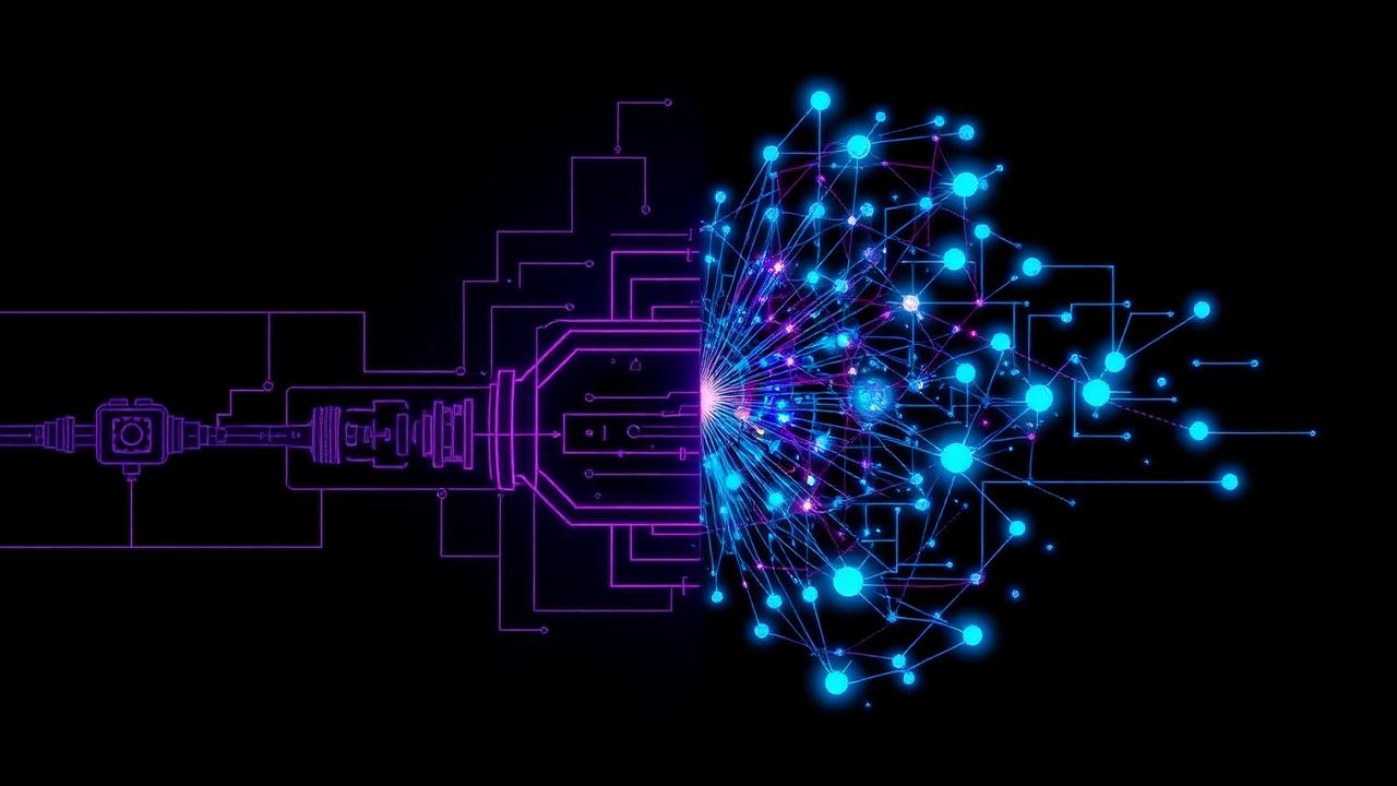 Split illustration contrasting a rigid linear automation pipeline with an adaptive AI decision graph