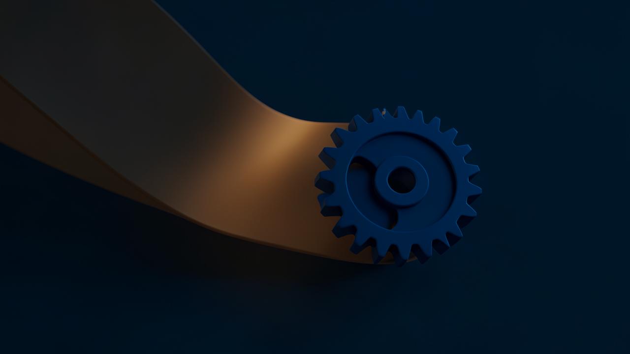 Abstract illustration of a flowing ribbon of light meeting a precise gear