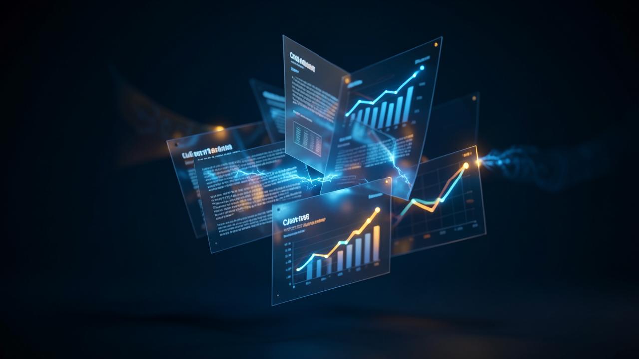 Abstract dark render of report pages and glowing charts assembling in mid-air