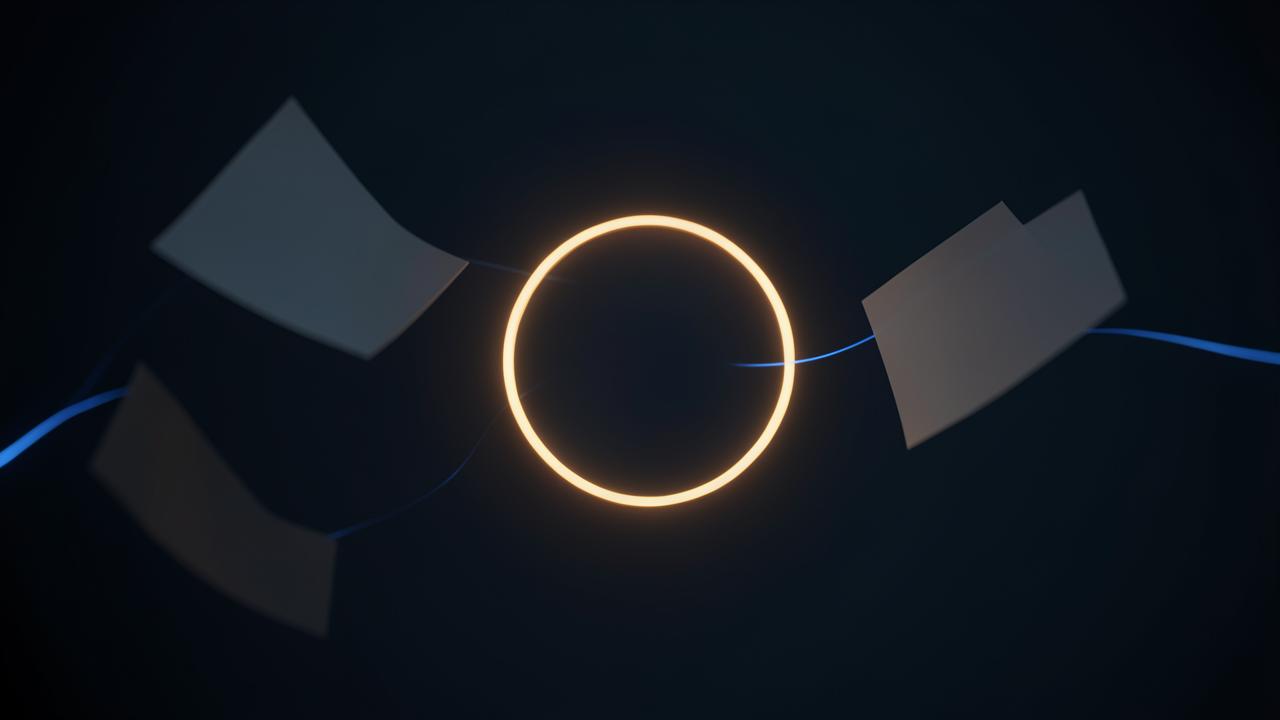 Abstract dark render of invoice pages moving through a glowing ring of light